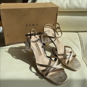 Zara‎ Gold Strappy Heels With Crystal Block